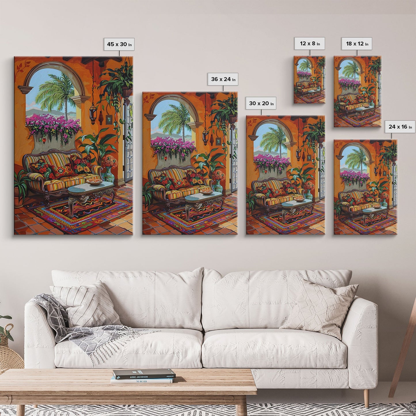 Mediterranean Courtyard Lounge Framed Canvas Print Spanish Style Home Decor Best Gift Bright Seasonal Art Above Sofa Wall Art