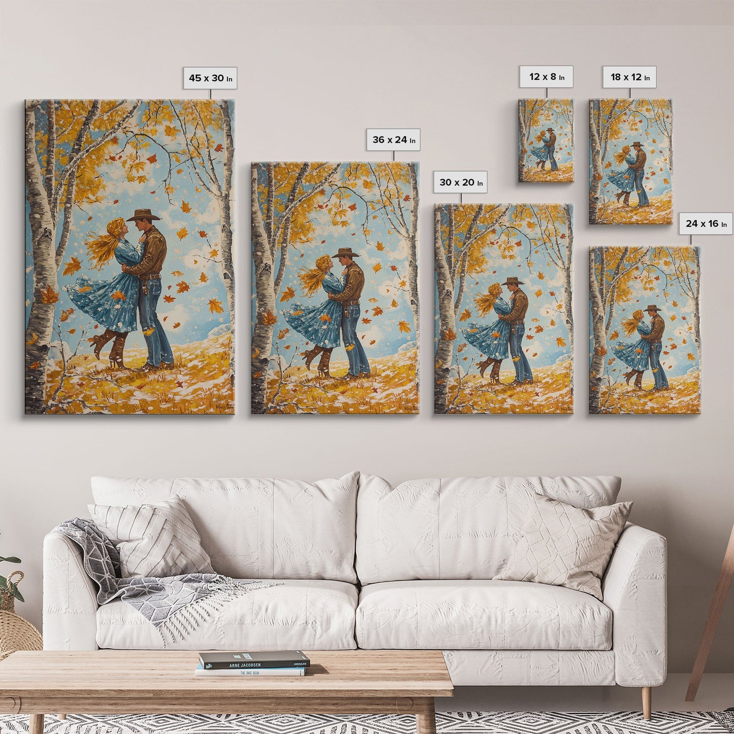 Romantic Fall Couple Framed Canvas Print - 2024 Autumn Love Country Cowboy Art Gift Idea for Fall Home Decor