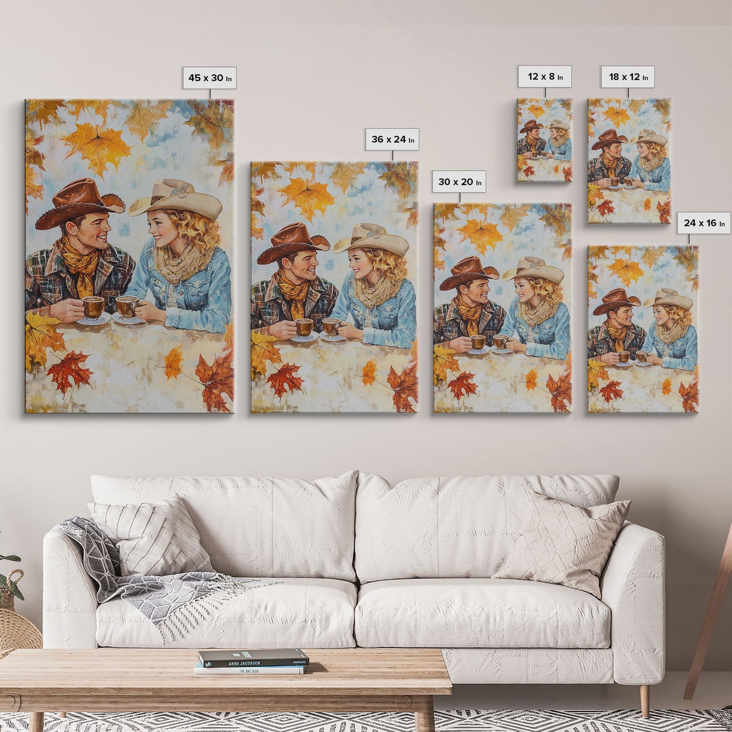 Cowboy and Cowgirl Fall Scene Framed Canvas Print - 2024 Rustic Autumn Love Country Art Gift Idea Fall Wall Decor