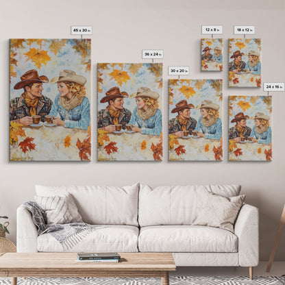 Cowboy and Cowgirl Fall Scene Framed Canvas Print - 2024 Rustic Autumn Love Country Art Gift Idea Fall Wall Decor