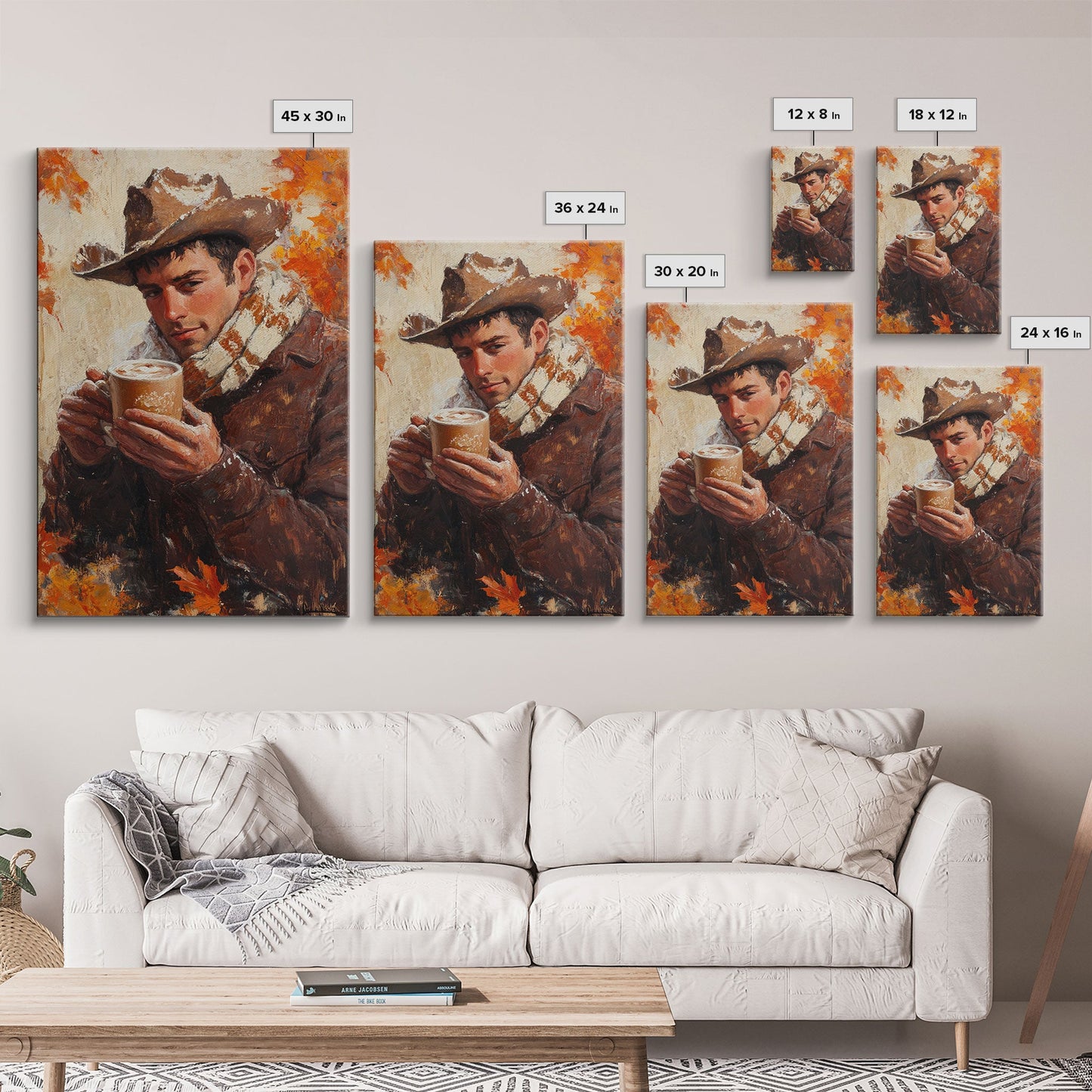 Cowboy mit Kaffeetasse im Herbst – Gerahmter Leinwanddruck – Herbstliche Wanddekoration im Landhausstil 2024 – Rustikale Wohndeko und Geschenkidee