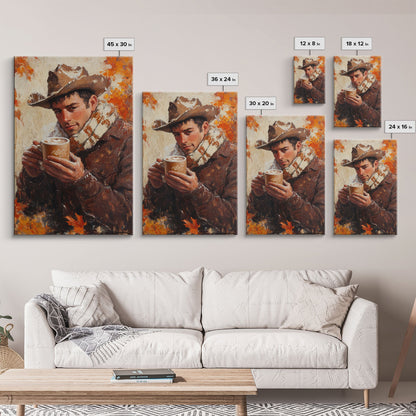 Cowboy mit Kaffeetasse im Herbst – Gerahmter Leinwanddruck – Herbstliche Wanddekoration im Landhausstil 2024 – Rustikale Wohndeko und Geschenkidee