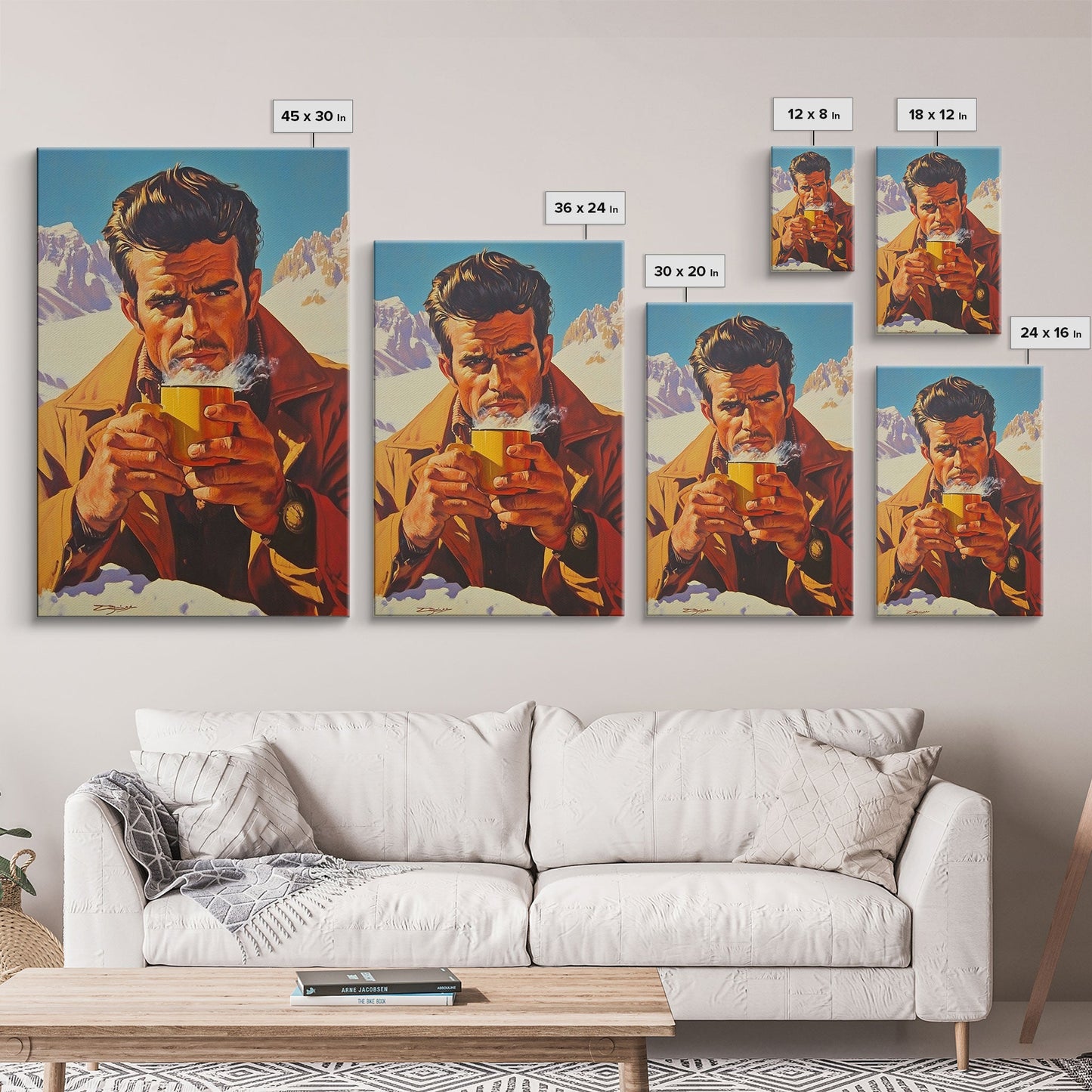 Cowboy Drinking Coffee in Winter Cabin Framed Canvas Print - Cozy Christmas Wall Art 2024 Rustic Holiday Decor