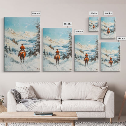 Cowboy reitet durch verschneite Berge – Gerahmter Leinwanddruck – Weihnachtswandbild – Winterwunderland-Dekoration – Saisonale Wanddekoration – Geschenkidee zu Weihnachten