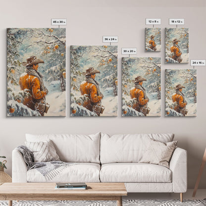 Cowboy in Snowy Orchard Canvas Print with Frosty, Christmas Wall Art Gift, Seasonal Decor, Winter Wonderland, Holiday Decor, Canvas Print