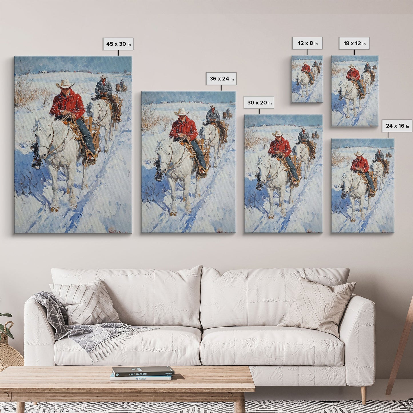 Cowboy Riding Horses in Snow Canvas Print, Winter Wall Art, Rustic Christmas Decor, Holiday Gift Idea, Seasonal Art, Framed Canvas Print