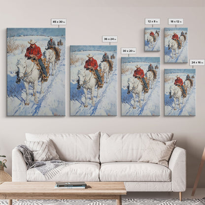 Cowboy Riding Horses in Snow Canvas Print, Winter Wall Art, Rustic Christmas Decor, Holiday Gift Idea, Seasonal Art, Framed Canvas Print