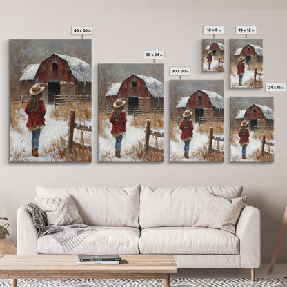 Country Girl with Falling Leaves Canvas Print, Autumn Wall Art, Farmhouse Holiday Decor, Fall Decor, Trendy Wall Art, Framed Canvas Print