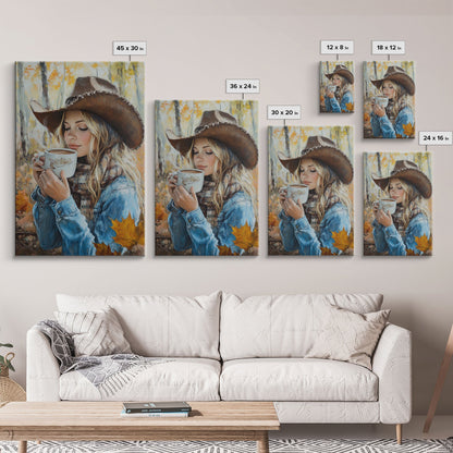 Fall-themed farmhouse framed canvas print a woman with coffee amidst autumn leaves ideal harvest home decor or seasonal wall art gift idea