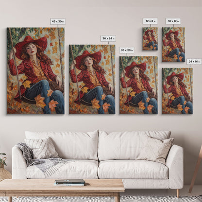 Fall Cowgirl Enjoying Her Swing, Framed Canvas Print, Autumn Decor, Cute Wall Art Gift Idea