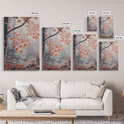 Framed Canvas Print of Fall Leaves on Branches in Misty Forest, Moody Landscape Wall Art, Fall Decor, Gift Idea, Farmhouse Seasonal Art