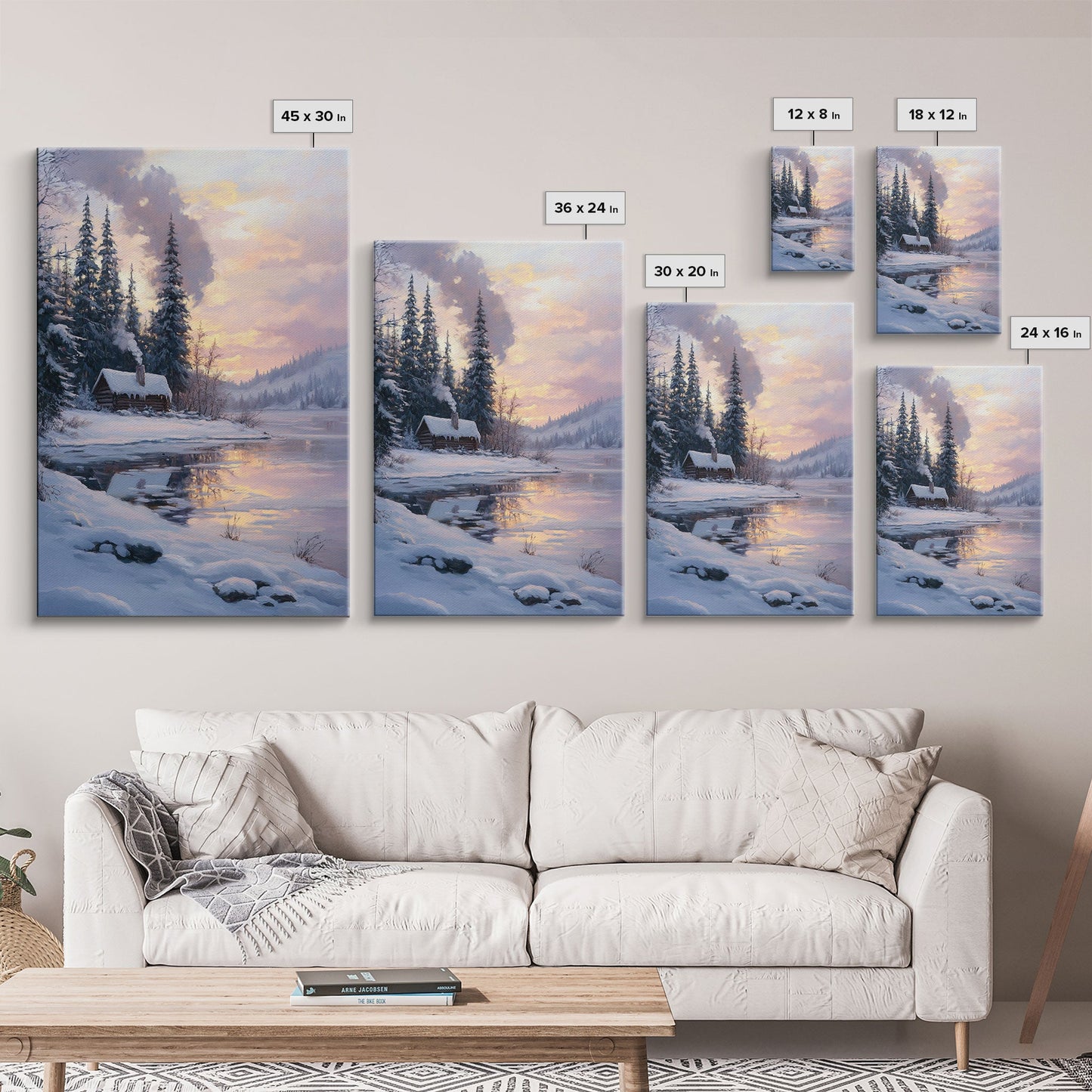 Cabin In Snowy Forest Framed Canvas Print Wall Art Winter Landscape Decor, Cozy Christmas Art Gift, Rustic Winter Wonderland Art