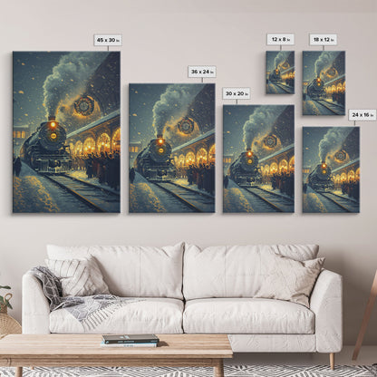 Nostalgic Christmas Train Station Scene in Snowy Winter Night, Ideal for Holiday Decor, Framed Canvas Print