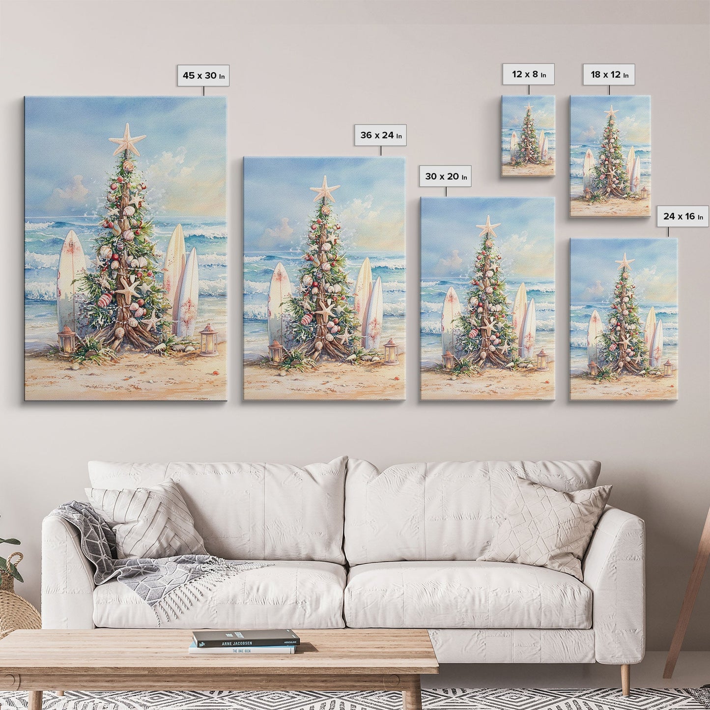 Coastal Christmas tree with surfboards at the beach Framed Canvas Print, tropical holiday wall art beach Christmas decor Christmas prints