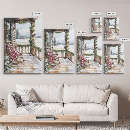 Farmhouse porch decorated with garland and cozy rocking chair, Framed Canvas Print winter decor idea for rustic home Christmas wall art