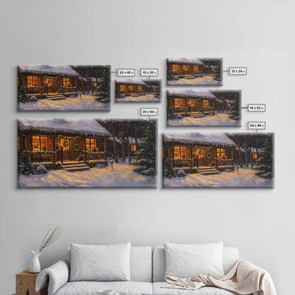 Festive Log Cabin Winter Scene Framed Canvas Print Christmas Wall Art, Rustic Holiday Art, Cozy Christmas Scene, Seasonal Wall Decor Gift