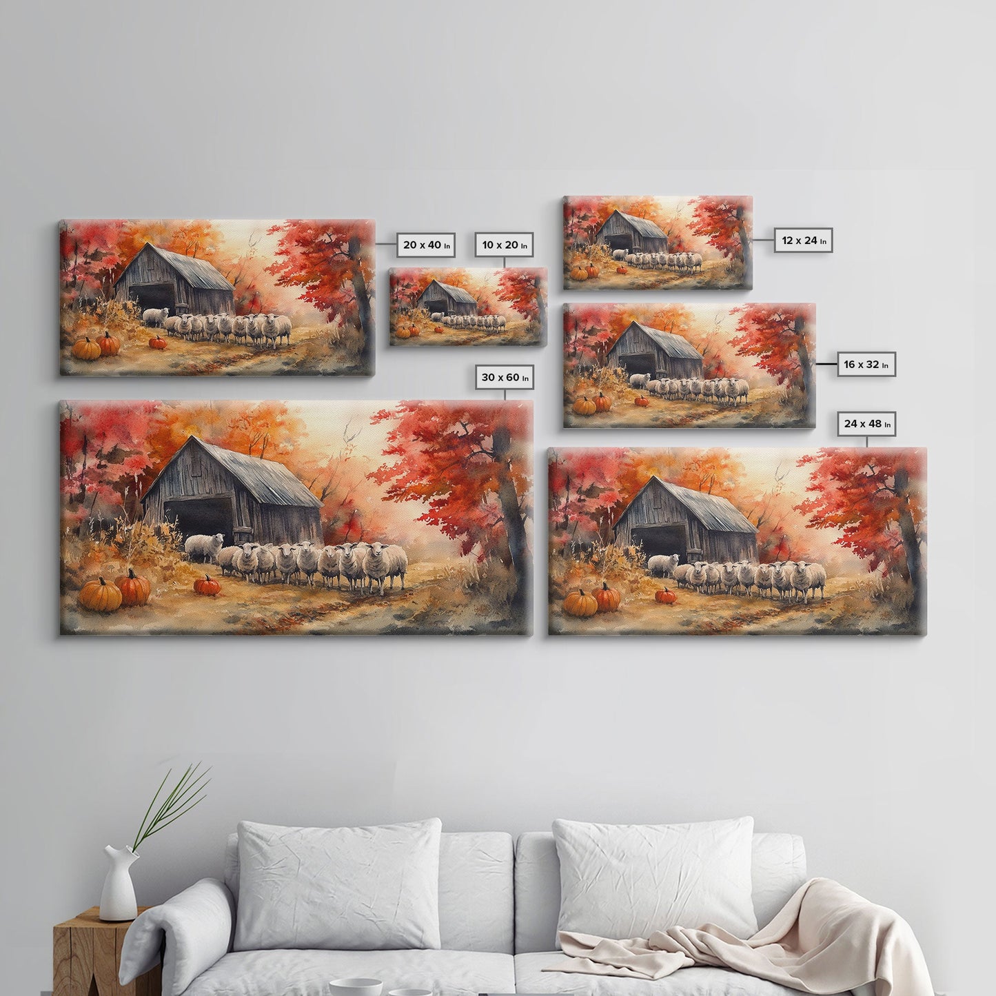 Framed Canvas Print Autumn Farm with Sheep and Pumpkins, Perfect Fall Decor, Rustic Country Home Wall Art, Seasonal Autumn Canvas Print