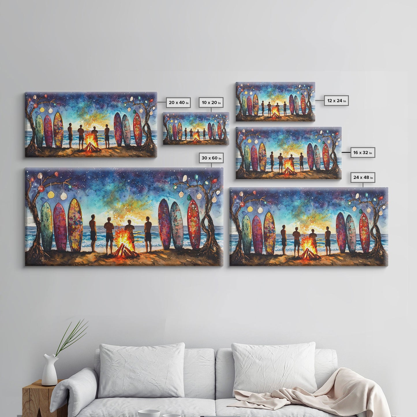 Canvas Print Beach Bonfire with Surfboards Under Stars, Coastal Christmas Art, Tropical Holiday Wall Art, Beach Christmas Decor