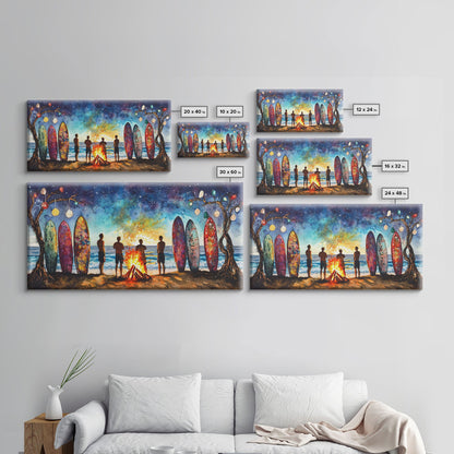 Canvas Print Beach Bonfire with Surfboards Under Stars, Coastal Christmas Art, Tropical Holiday Wall Art, Beach Christmas Decor