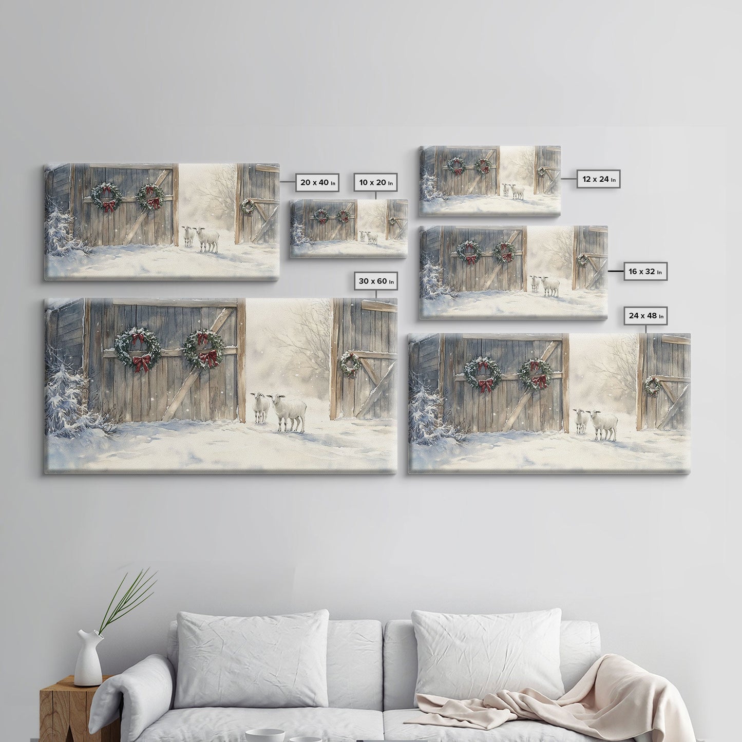 Christmas decor farmhouse Framed Canvas Print snowy barn Christmas scene holiday wall art best gift Christmas decor Christmas tree art 2024