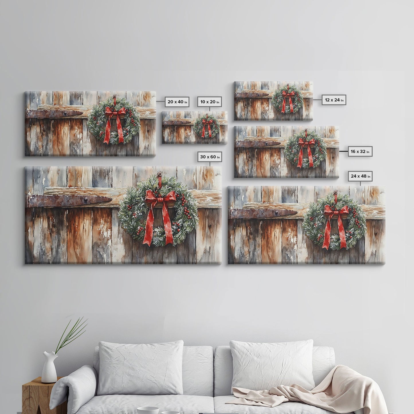 Rustic Wreath Red Ribbon Canvas Print Christmas Door Decor Farmhouse Christmas Wall Art Framed Canvas Print Christmas Outdoor Decor