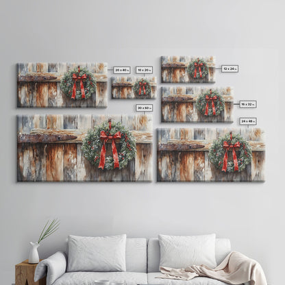 Rustic Wreath Red Ribbon Canvas Print Christmas Door Decor Farmhouse Christmas Wall Art Framed Canvas Print Christmas Outdoor Decor