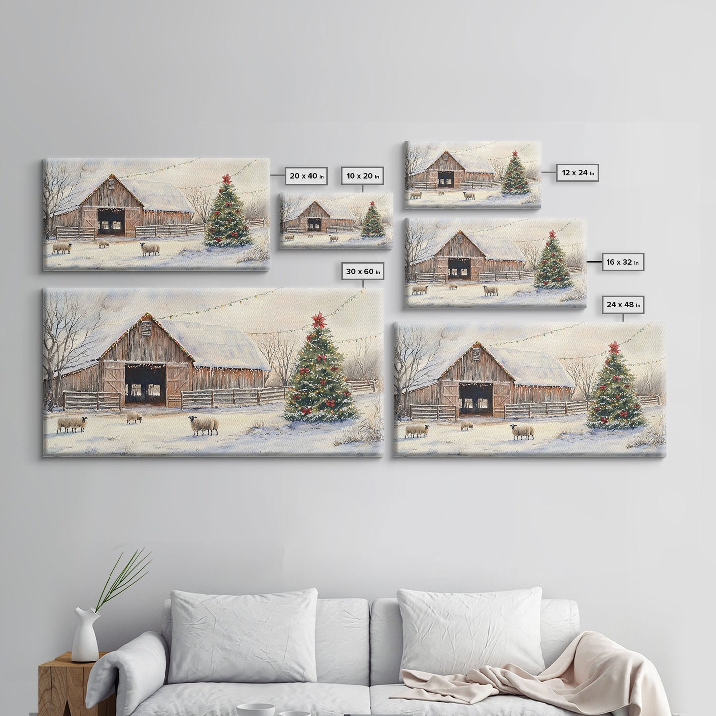 Christmas Barn Snow Sheep Canvas Print Christmas Farmhouse Decor Rustic Christmas Wall Art Framed Canvas Print Christmas Outdoor Decor