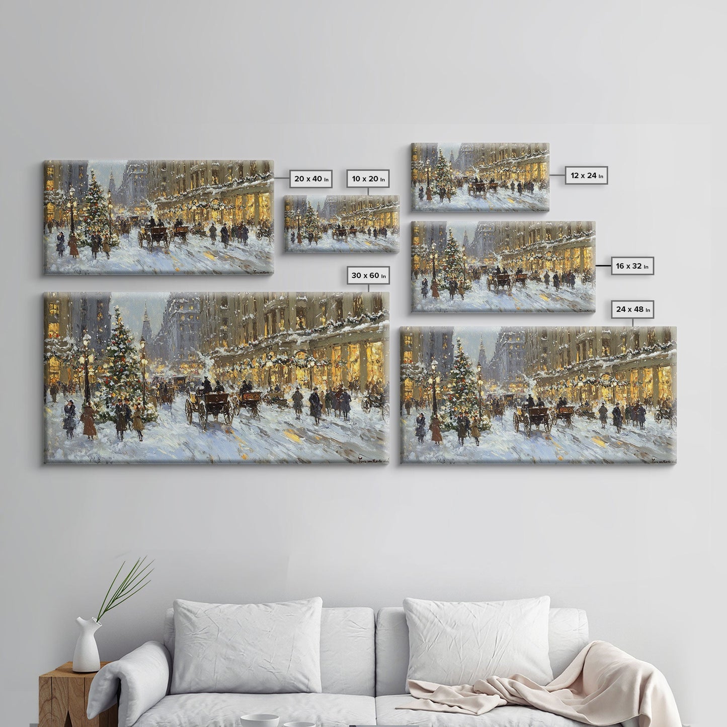 Bustling Christmas Street Scene Tall Art Framed Canvas Print Vintage Winter Holiday Scene With Horse-Drawn Carriages And Festive Lights