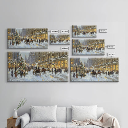 Bustling Christmas Street Scene Tall Art Framed Canvas Print Vintage Winter Holiday Scene With Horse-Drawn Carriages And Festive Lights