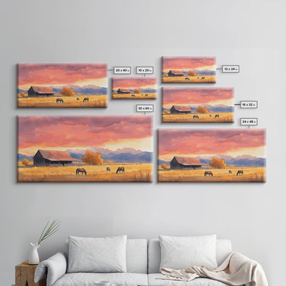 Rustic Mountain Barn Sunset Canvas Print | Autumn Farmhouse Wall Art | Fall Home Decor | Holiday Art Gift | Framed Canvas Print Wall Decor