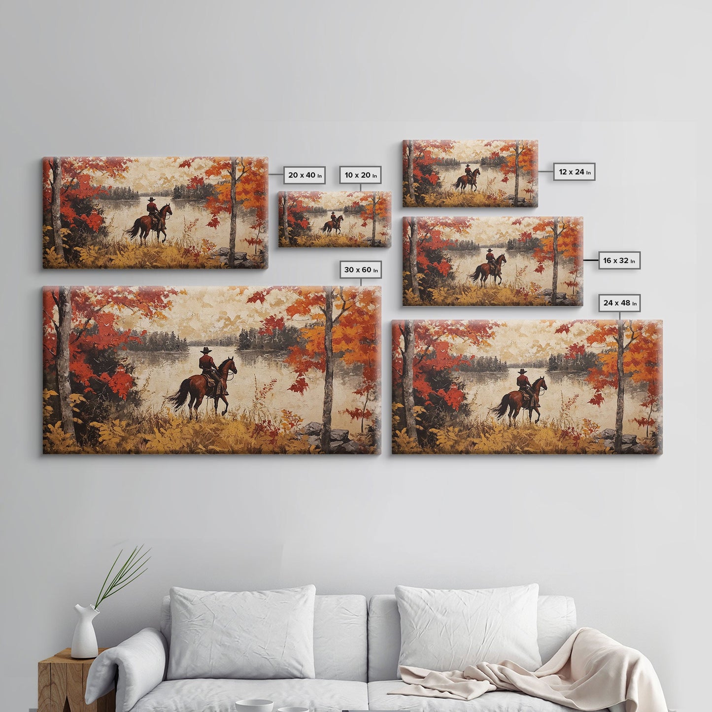 Cowboy on mountainside with red autumn leaves rugged cliffs, Framed Canvas Print, fall landscape wall art, western decor with warm colors