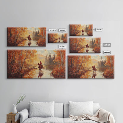 Black white cowboy riding toward snow-covered mountains, Framed Canvas Print, minimalist winter wall art, moody landscape, western decor