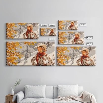 Charming Framed Canvas Print of a Cowgirl in Autumn Leaves, Perfect Fall Wall Decor and Gift Idea for Fans of Western Art Rustic Home Decor