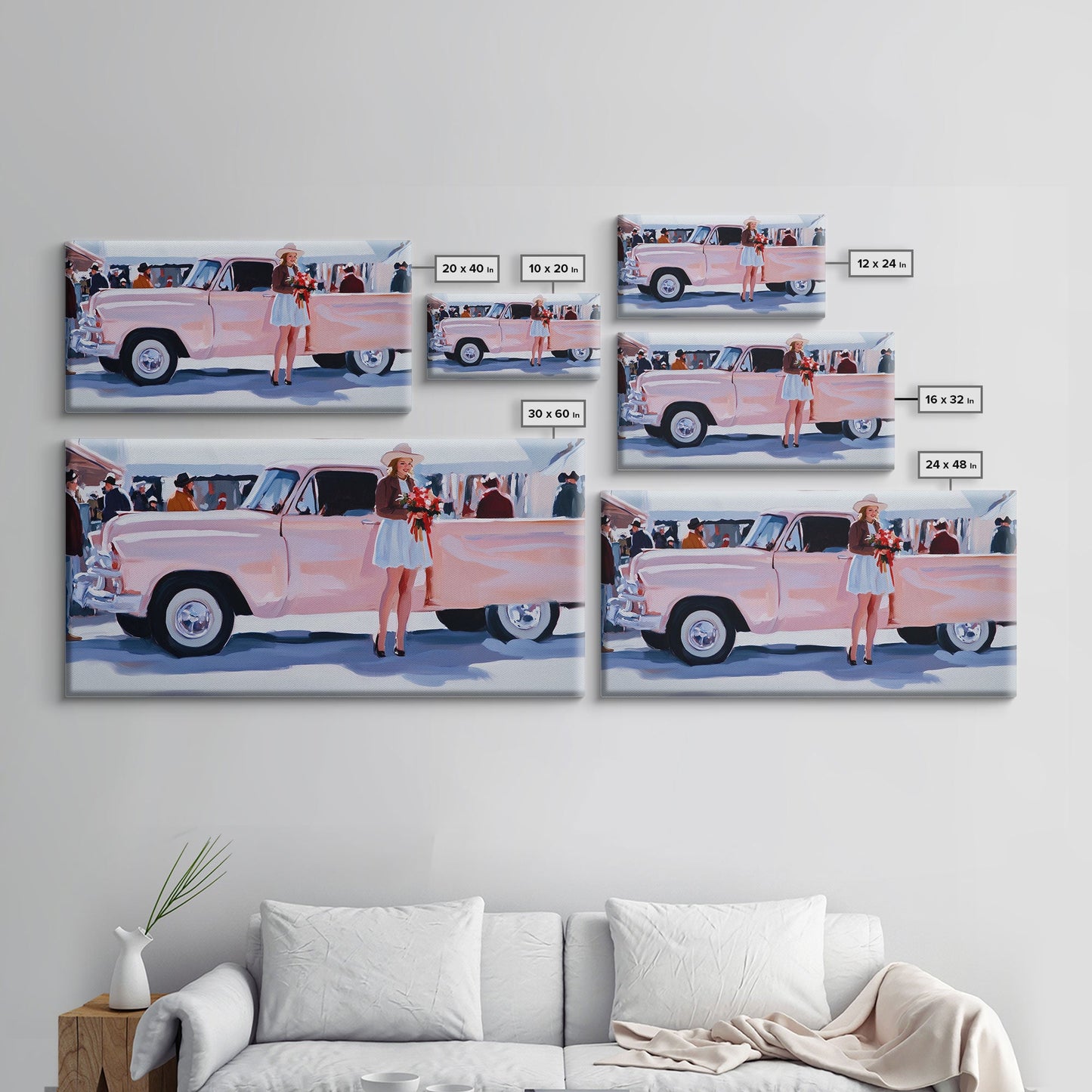 Cute Cowgirl and Her Pink Truck, Framed Canvas Print, Retro Pink Fall Decor, Wall Art Fall Home Decor, Ideal Gift Idea Rustic Seasonal Decor
