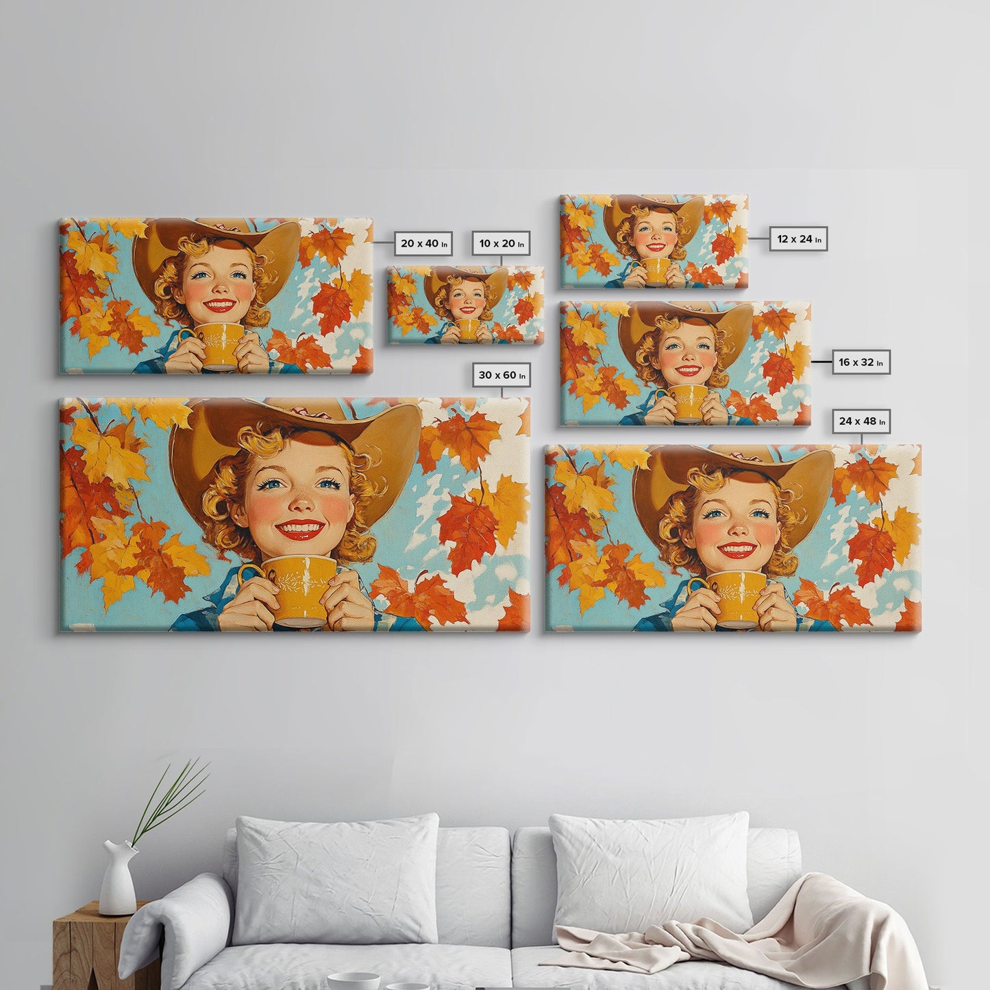 Cowgirl Having A Cup Of Joe, Framed Canvas Print, Farmhouse / Western Rustic Charm, Seasonal Art Piece to Warm Up Your Home Decor This Fall