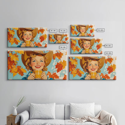 Cowgirl Having A Cup Of Joe, Framed Canvas Print, Farmhouse / Western Rustic Charm, Seasonal Art Piece to Warm Up Your Home Decor This Fall