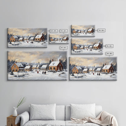 Snowy Village Church Scene, Rustic Christmas Landscape Wall Art, Winter Wonderland Framed Canvas Print, Country Holiday Home Decor