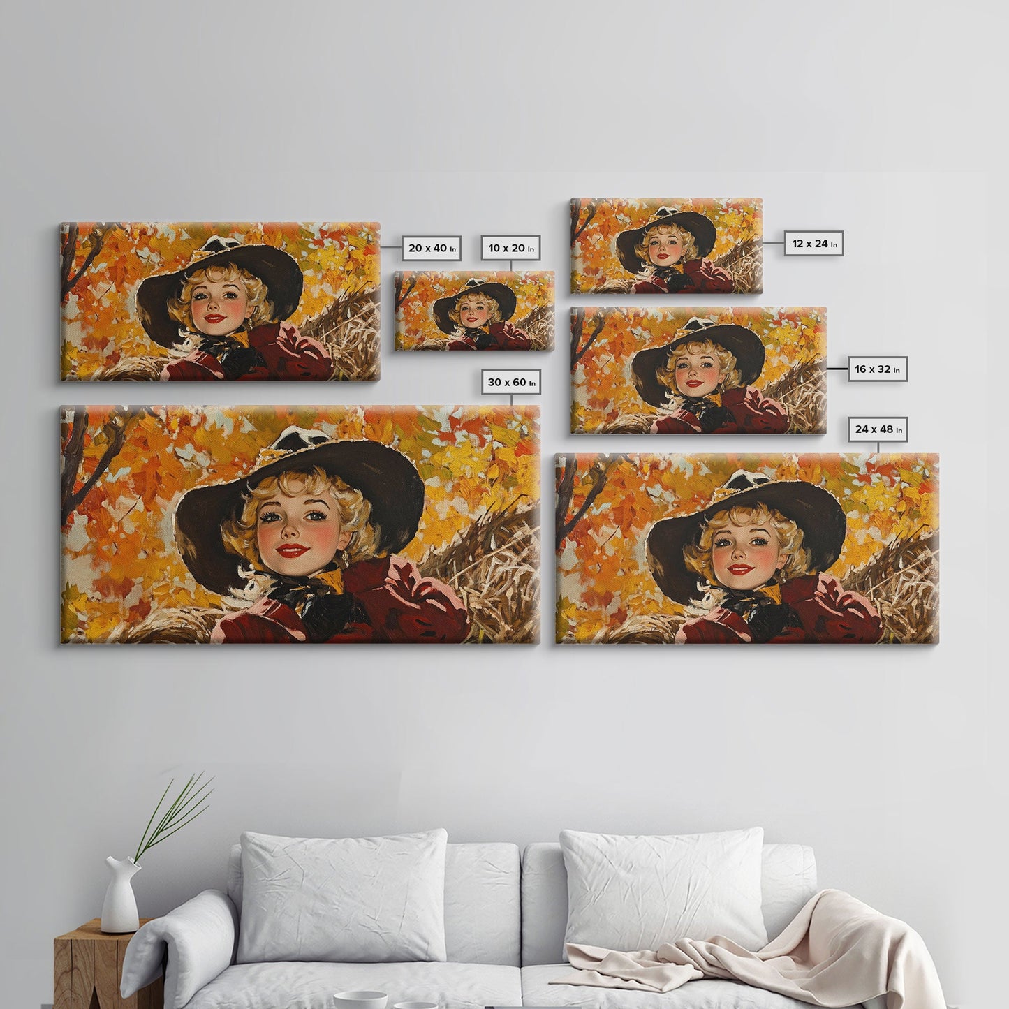 Cute Fall Cowgirl Amongst The Autumn Leaves, Gift or Autumn Decor, Perfect Addition to Home and Office Interiors
