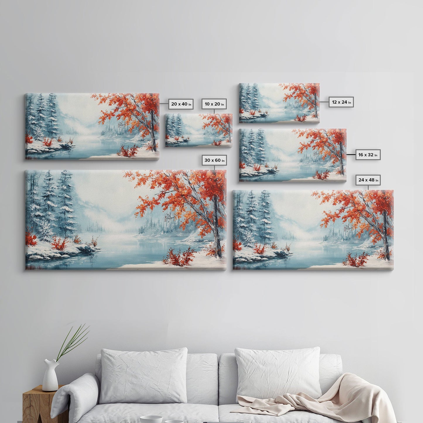 Painting Of A Forest In Winter, Framed Canvas Print with Wreaths, Perfect Christmas Holiday Decor, Ideal Winter Wall Art Gift