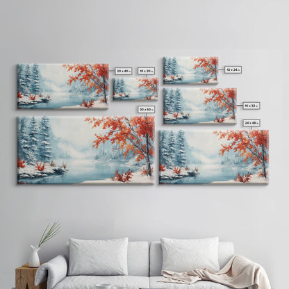 Painting Of A Forest In Winter, Framed Canvas Print with Wreaths, Perfect Christmas Holiday Decor, Ideal Winter Wall Art Gift