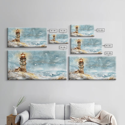 Coastal Christmas Lighthouse Decor Framed Canvas Print, Snowy Beach Scene with Holiday Wreath and Lighthouse Winter Wall Art
