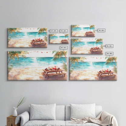 Beach Christmas decor picnic setup with palm trees and lights, framed canvas print showcasing tropical coastal holiday art decor
