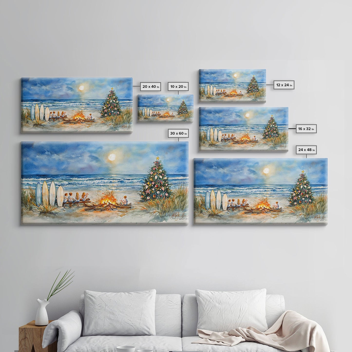 Christmas bonfire on the beach with surfboards and decorated tree, framed canvas print ideal tropical holiday wall art decor