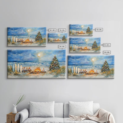 Christmas bonfire on the beach with surfboards and decorated tree, framed canvas print ideal tropical holiday wall art decor