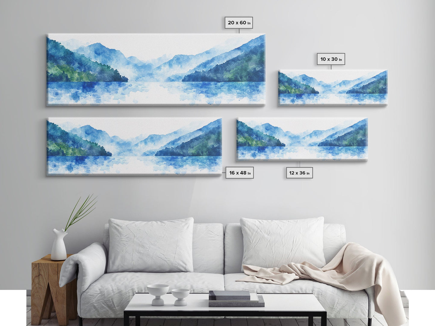 Reflections - Foggy Mountain Morning - Watercolor Painting Print - Wood Framed Wall Art - Panoramic Painting