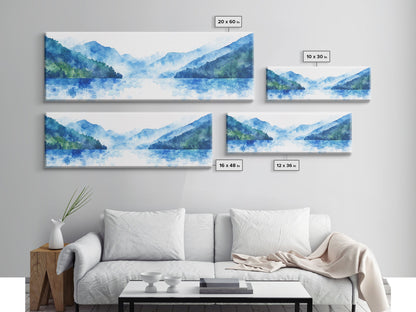 Reflections - Foggy Mountain Morning - Watercolor Painting Print - Wood Framed Wall Art - Panoramic Painting