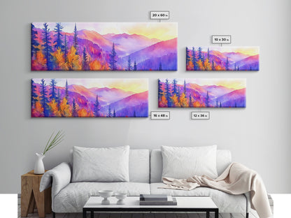 Purple Mountain Painting Framed Print, Canvas Art, Panoramic Extra Wide Wall Art