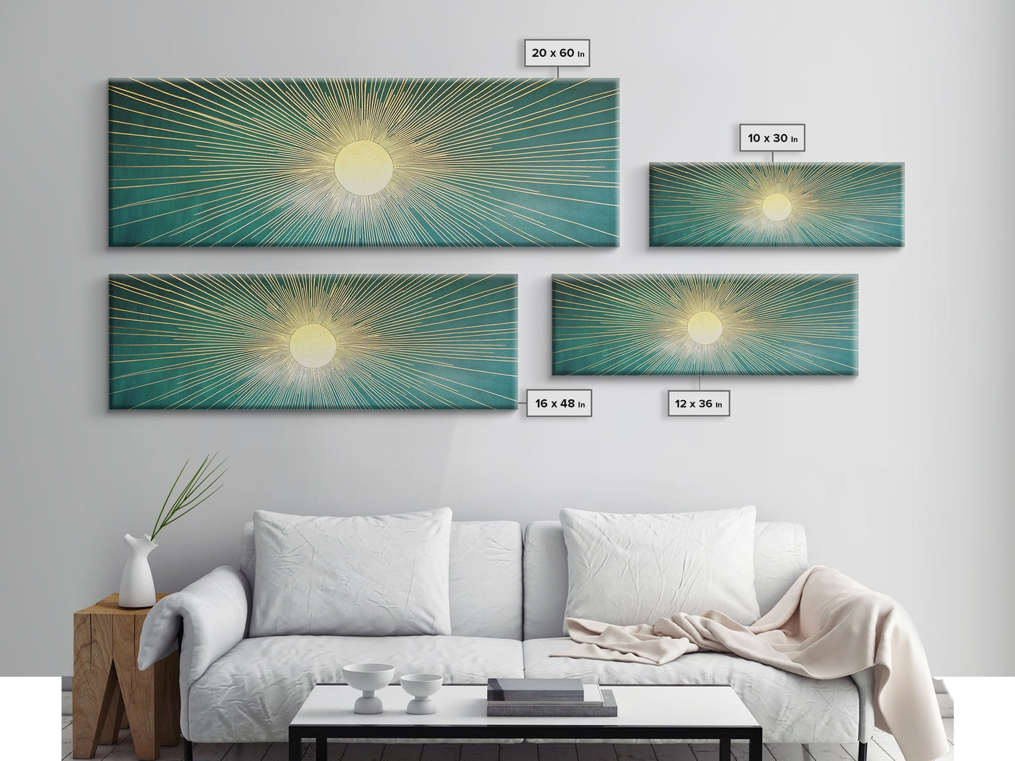 Eclectic Art Deco Sunburst Framed Canvas Print, Boho Style Wall Art, Emerald Green and Gold Extra Wide Art