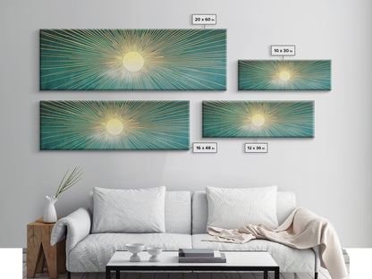 Eclectic Art Deco Sunburst Framed Canvas Print, Boho Style Wall Art, Emerald Green and Gold Extra Wide Art