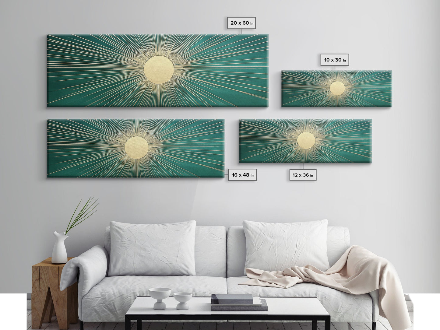 Emerald Green Sun Burst Wall Art, Art Deco Retro Vibes, Eclectic Home Decor, Emerand Green and Gold Horizontal Framed Canvas